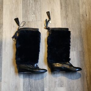 Black Fur Lace Up Boots